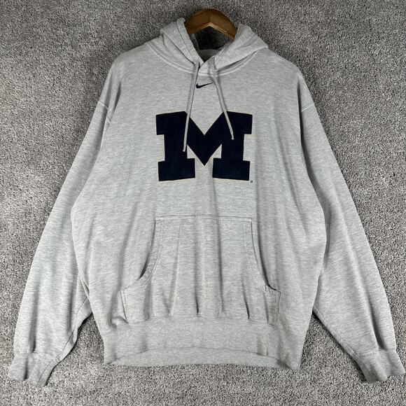 Vtg Nike Team Hoodie Men L Center Swoosh Michigan Wolverines Gray Embroidered - Picture 1 of 8